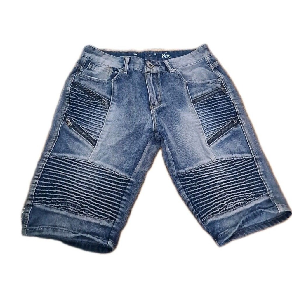 Trilination Shorts Men's 30 Moto Biker Denim Blue Distressed Zipper Pockets Jean